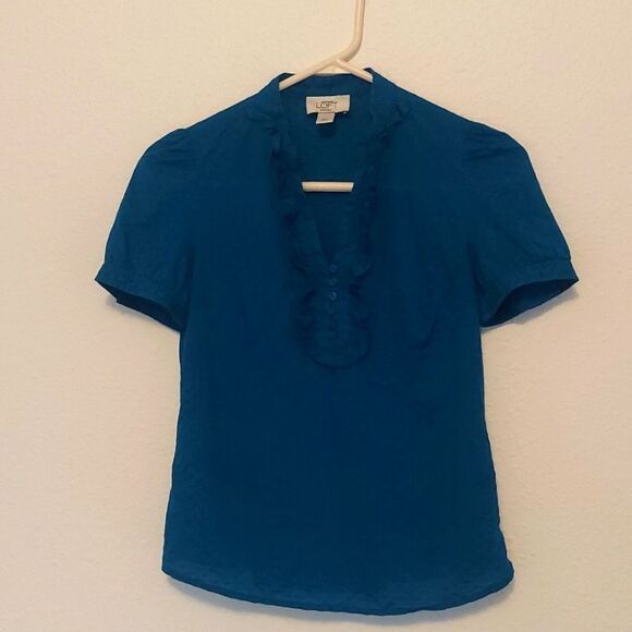 Ann Taylor Loft Petites Short Sleeved Teal Blue Ruffle Front Blouse Size XS P - Picture 1 of 7